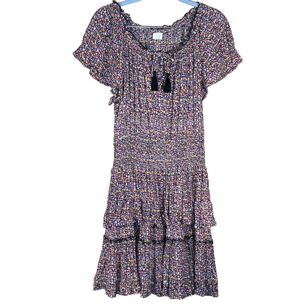 Patrons of Peace Women’s Ditty Floral Tiered Knee Length Dress with Smocking S